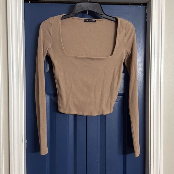 Zara Square Neck Ribbed Cropped Ling Sleeve Top Tan Size M - Picture 2 of 5